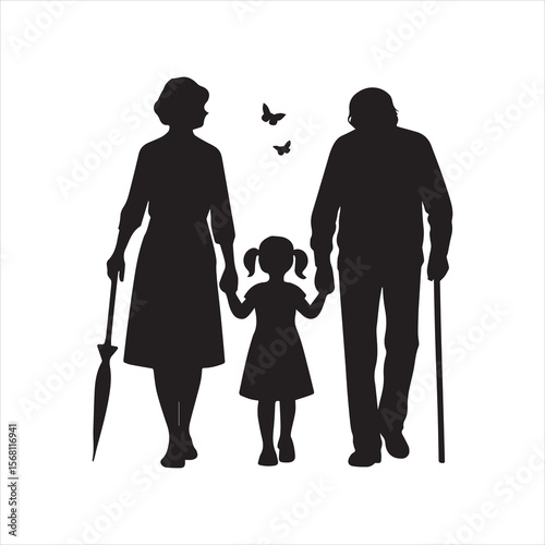 Silhouettes of grandparents walking with granddaughter