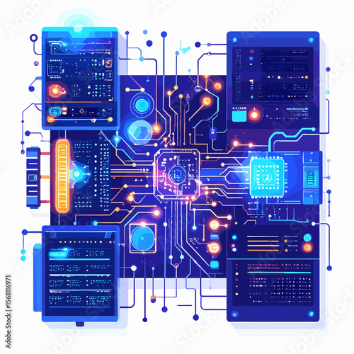 Complex Blue Circuit Board with Glowing Elements and Futuristic Design Showing Interconnected System for Technology Concepts