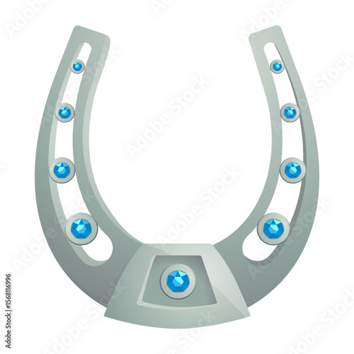 Silver horseshoe with topaz. Blue gemstones decorations. Good luck symbol isolated. Gild horse shoe with gem. Fortune amulet or talisman. Cowboy and rodeo emblem. Vector retro element