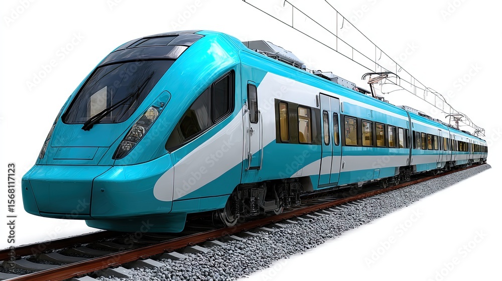 Fototapeta premium Modern light blue train on railway track