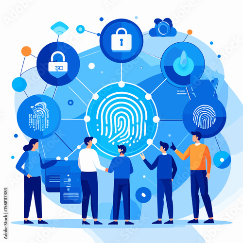 Cybersecurity Network with Blue Fingerprint Surrounded by Team Members in a Technological Cloud System with a White Background