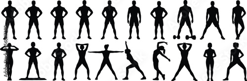 Silhouette fitness workout poses, male and female standing positions, gym training illustration, stretching exercise, bodybuilding shape, body health concept, vector flat vector illustration