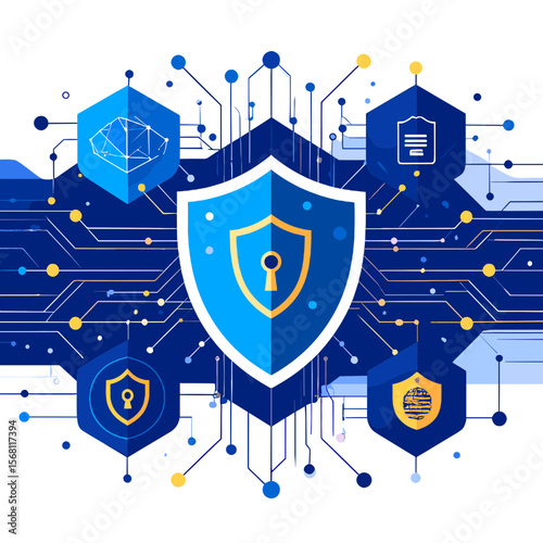 Cybersecurity Shield Symbol on Digital Network with Hexagon Shapes and White Lines on Dark Blue Backdrop