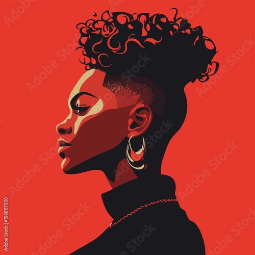African woman with head partially shaved and dyed curly top, modern edgy hairstyle vector illustration