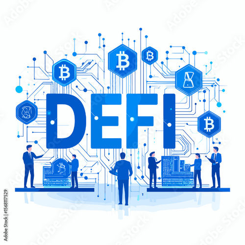 Decentralized Finance Conceptual Illustration Featuring Blue Graphics and Small People