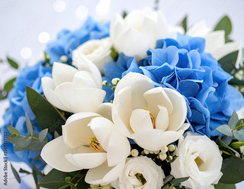 Obraz premium Delicate bouquet of white magnolias and blue hydrangeas