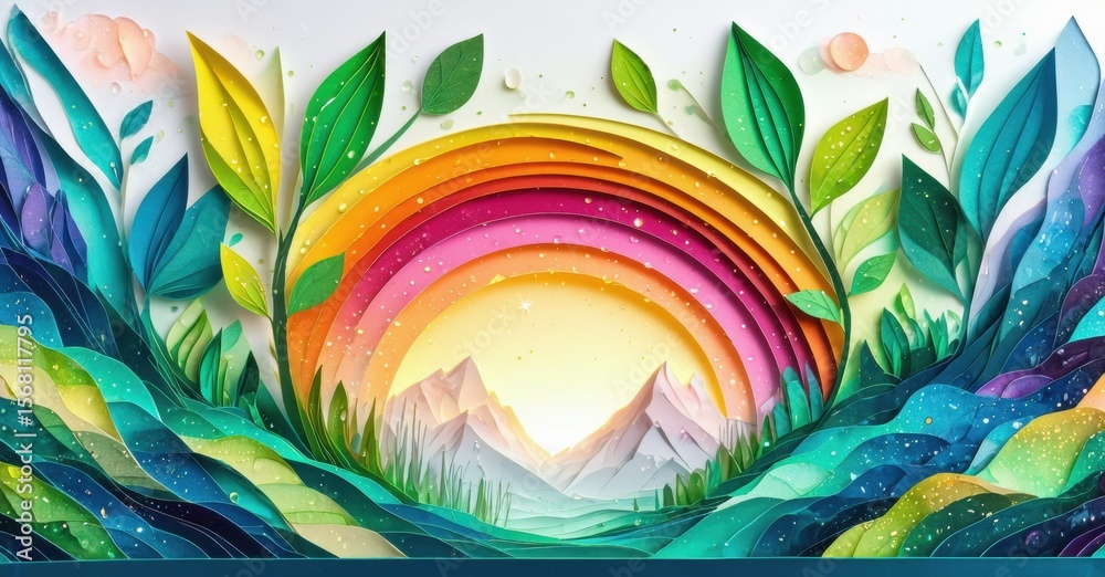 Fototapeta premium Papercraft landscape depicts mountains, sun, foliage. Vibrant colors create whimsical, layered scene. Peaceful, artistic composition.