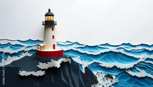 Dramatic paper-cut lighthouse on cliff, stormy sea, layered waves,  silhouette,  art
