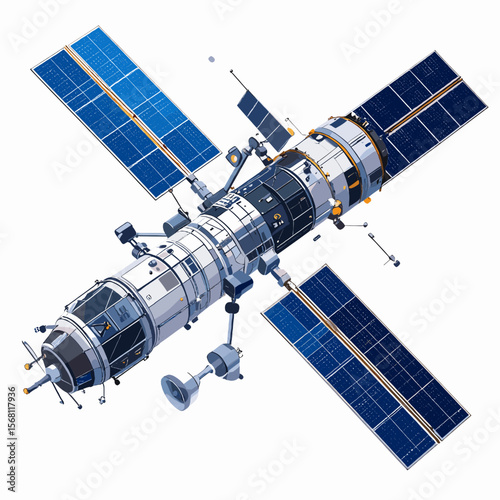 Detailed Pixel Art Illustration of Space Station with Solar Panels in Blue and Gray Isometric View