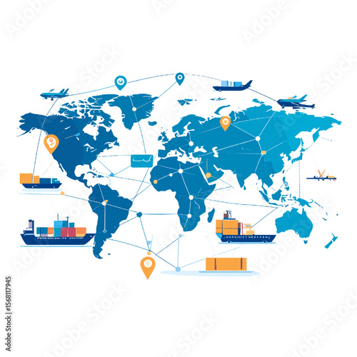 Detailed World Map Illustrating Global Logistics Network and Transportation Routes on White Background