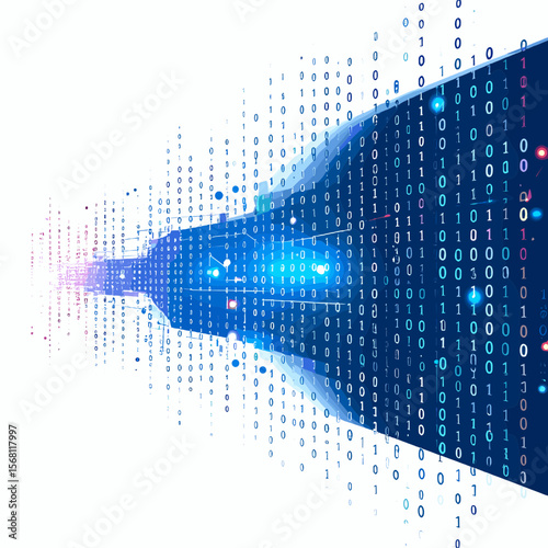 Digital Binary Code Stream in Blue and White on a White Background with Abstract Futuristic Matrix Data