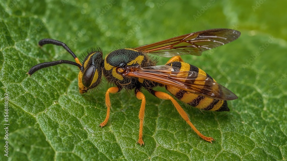 Obraz premium Close-up of a Yellow Jacket Wasp on a Green Leaf