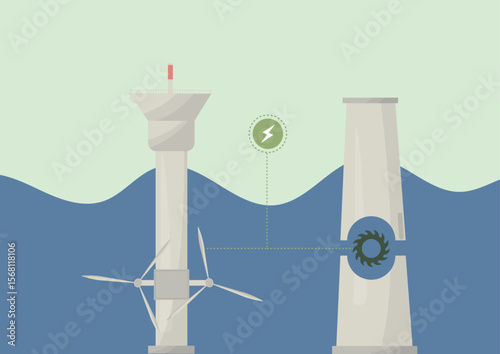 Tidal energy renewable power. Clean electricity generation from ocean waves concept with turbines. Green technology. Marine energy concept. Sustainable and renewable energy. Vector illustration