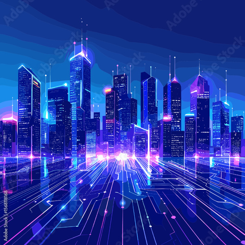 Digital Cityscape Illustration with Towering Blue Skyscrapers and White Geometric Lines Reflecting Urban Night Scene