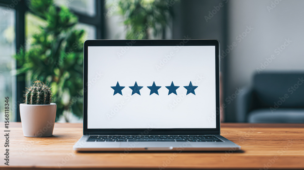 Fototapeta premium A laptop on a wooden desk displays a five-star rating, with a small cactus plant and blurred office background.