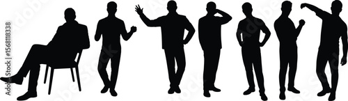 Diverse collection of male silhouettes in various poses and actions, representing business professionals, casual individuals, and everyday life, perfect for people and lifestyle concepts.