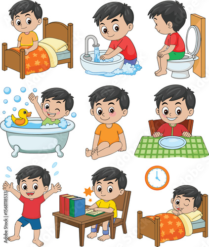 Daily routine of cute cartoon boy waking up, bathing, brushing, eating, studying, playing, bedtime, colorful vector children illustration flat vector illustration