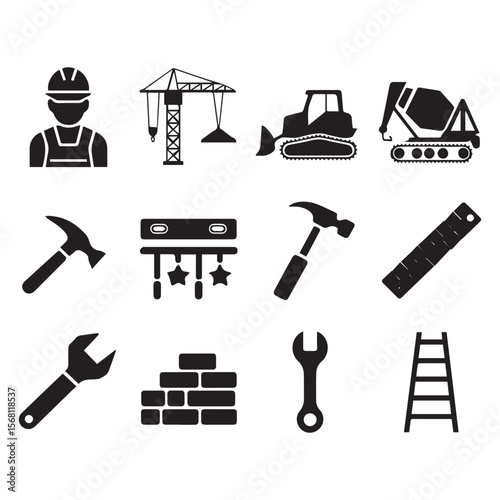 Construction worker crane bulldozer cement mixer hammer level ruler wrench bricks ladder