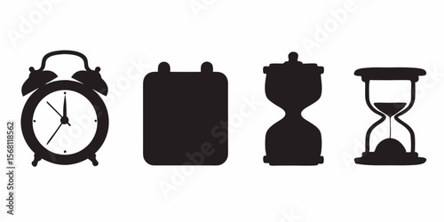 Time management vector icons set alarm clock calendar and hourglass time tracking deadline reminder concept silhouette