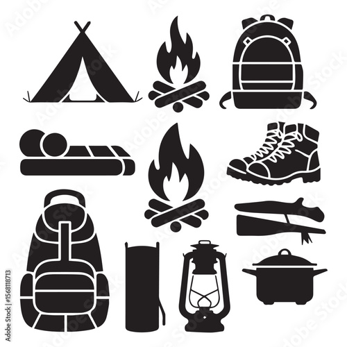 Camping gear icons tent campfire