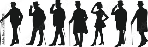 Elegant Victorian era and vintage fashion silhouettes, featuring gentlemen with top hats and canes, and a lady in stylish attire, for retro and historical concepts.