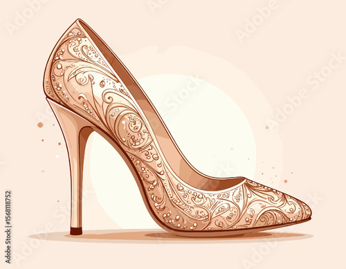 Elegant Beige High Heel Shoe with Ornate Floral Pattern on Light Background for Fashion and Celebration Events