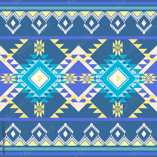 Seamless pattern with ethnic geometric shapes in Blue tones.Ideal for textile applications.Native American tribal fabric,tile,carpet, vector design.Arabic motif on window.boho indian texture ornament