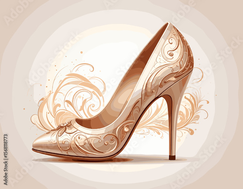 Elegant Beige High Heel Shoe Adorned with Decorative Swirls and Floral Patterns on a Soft Background