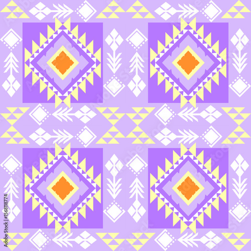Seamless pattern with ethnic geometric shapes in Purple tone.Ideal for textile applications.Native American tribal fabric,tile,carpet, vector design.Arabic motif on window.boho indian texture ornament