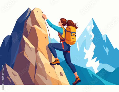 Female Climber Ascending Mountain with Blue Rocks Sunny Landscape in Vector Style Adventure and Travel Outdoor Recreation