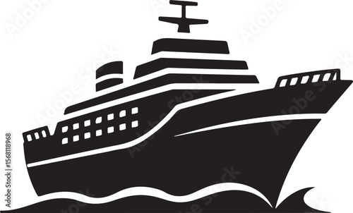 Fishing sailboat silhouette on waves - cut out vector icon