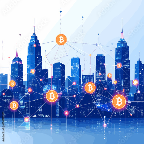 Futuristic Cityscape with Bitcoin Network in Blue Tones Digital Art Style