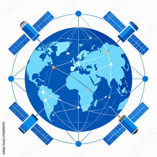 Global Communication Network with Satellites Orbiting the Earth Featuring Blue Globe and White Connection Lines
