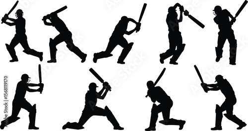Dynamic cricket batsman silhouettes in various batting poses and action shots, illustrating sports, competition, and athletic performance, perfect for game and active concepts.