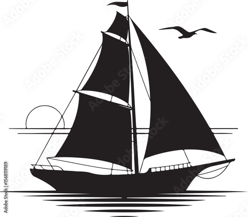 Fishing sailboat silhouette on waves - cut out vector icon