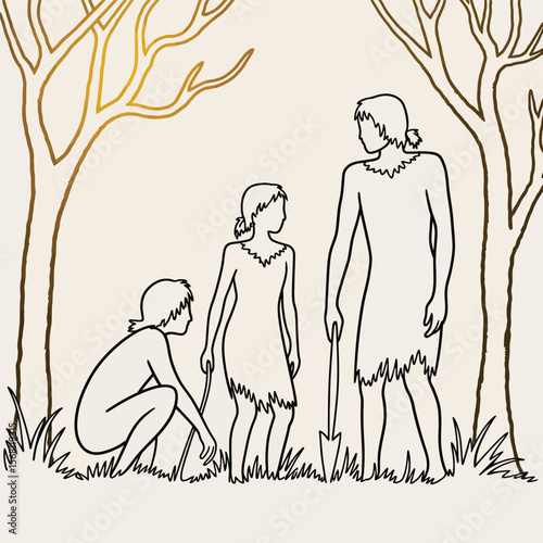 Three people in primitive clothing stand near trees