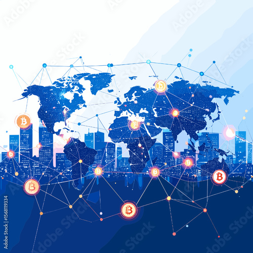 Global Cryptocurrency Network Depicting City Skyline with Bitcoin Connections on World Map