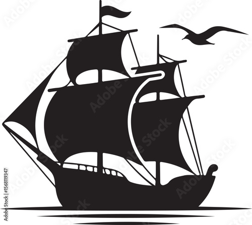 Fishing sailboat silhouette on waves - cut out vector icon