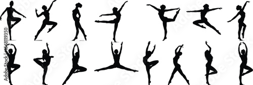 Silhouette of female ballet dancers in elegant poses, graceful body movement, vector art of dancing woman, modern choreography shape flat vector illustration