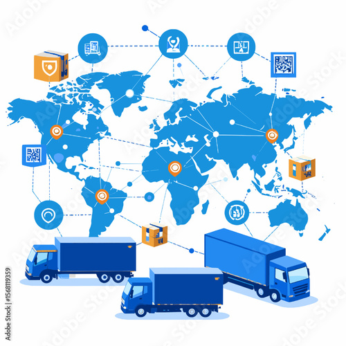 Global Logistics Network with Blue Trucks on a World Map Background Transportation Distribution