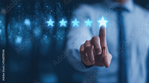 A person in business attire is selecting the fifth star in a glowing five-star rating interface, symbolizing quality and positive feedback.