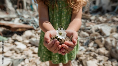 Child holds flower in ruins symbolizing hope