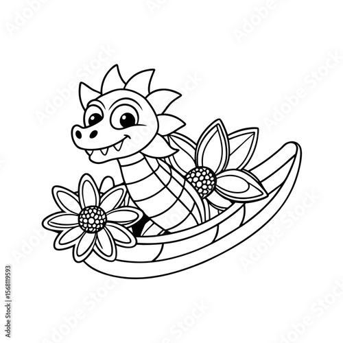 Dragon Paddling Daisy Boat Coloring Page