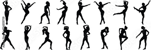 Silhouette of female dancers in elegant poses, modern dance motion illustration, ballet movement vector, stylish woman performing choreography art flat vector illustration