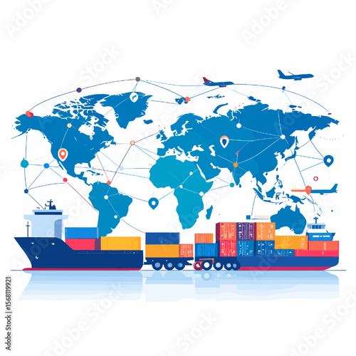 Global Transportation Network with World Map Airplane Train and Cargo Ship Illustration