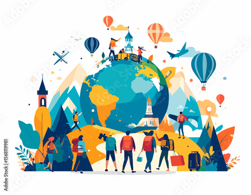 Global Travel Adventure with People Around The World Globe with Buildings Mountains Airplanes and Hot Air Balloons in Colorful Vector Illustration on White