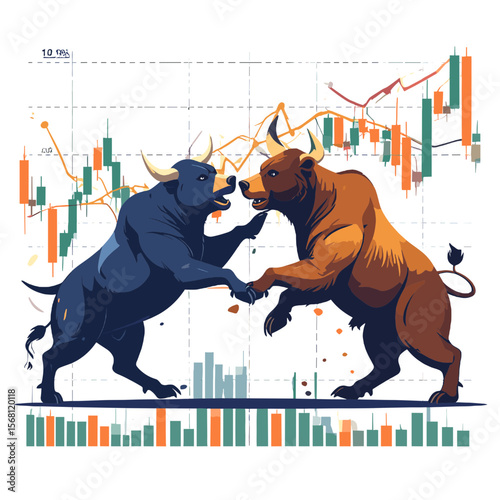 Graphic Illustration of Blue and Brown Bulls Confronting Each Other over Stock Market Chart in Front of Bar Graph