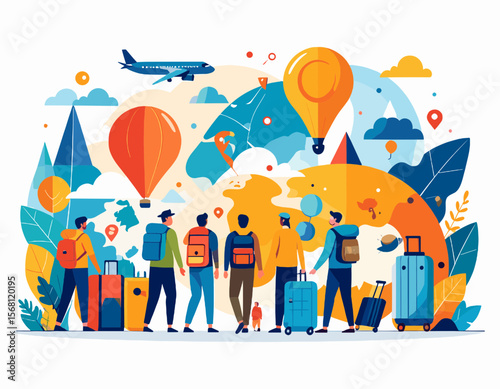 Group of Tourists with Luggage Around World Map with Hot Air Balloons and Airplane in Colorful Flat Vector Illustration