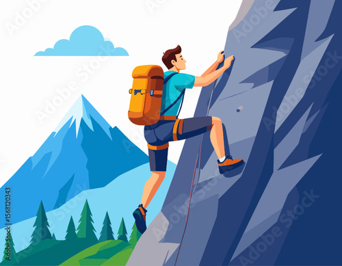 Illustration of a Man Climbing Mountain with Blue Sky and Green Trees with a Backpack Against Gray Rock