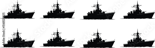  Silhouette of military warship, navy battleship vector illustration, naval defense fleet, black warship icon set, isolated on white background flat vector illustration